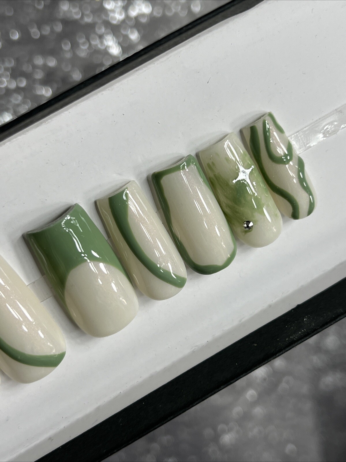 ✨ CUSTOM Hard Gel Press On Nails, OLIVE GREEN Nude Star W BLING 10p SET W Kit