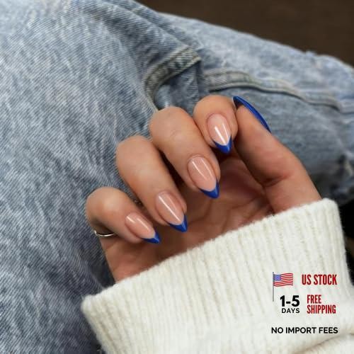 Almond Press On Nails – Royal Blue – Short – French Tip
