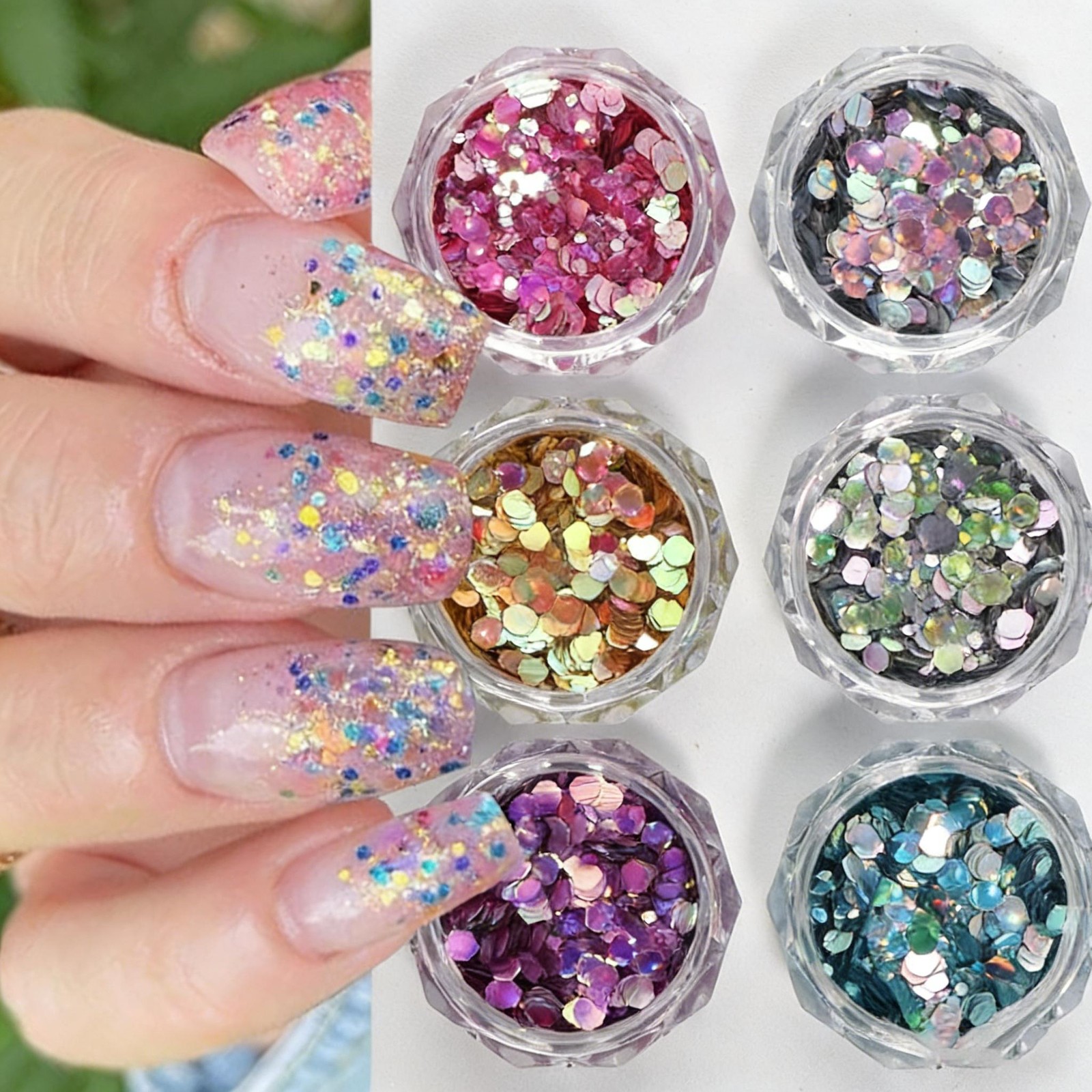 6-Color Hexagon Nail Sequins, Holographic Iridescent Glitter Flakes DIY Set