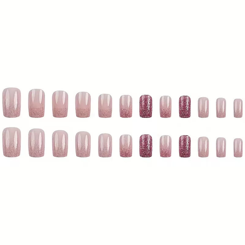Pink Purple Gradient Glitter Reusable Short Press-On Nails Oval 24 Pieces
