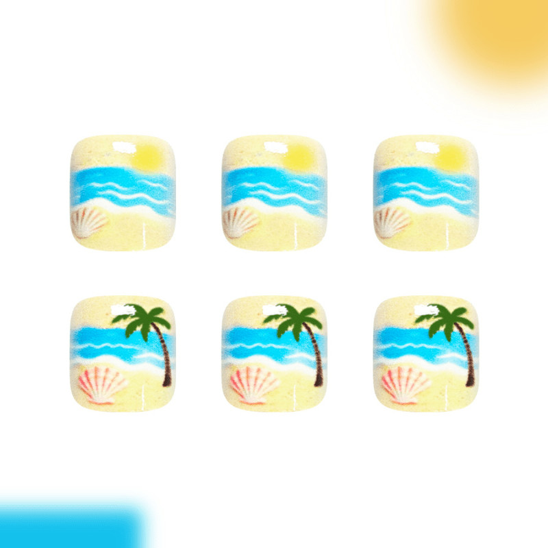 48P Short Square Tropical Palm Tree Press on Toe Nails Glitter Summer Beach Wear