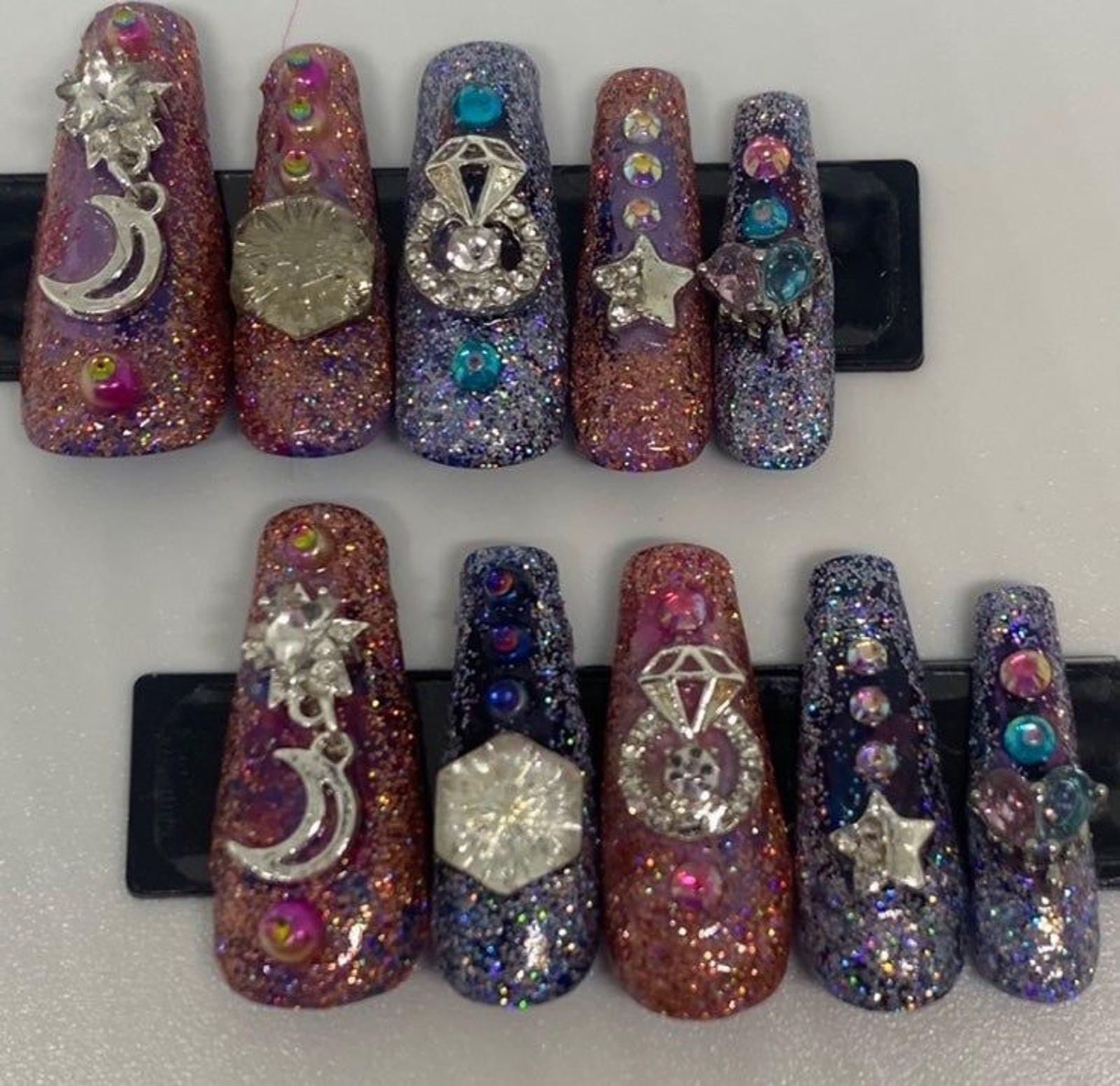 Pink and Blue Glitter Glam Handmade Press On Nail Set