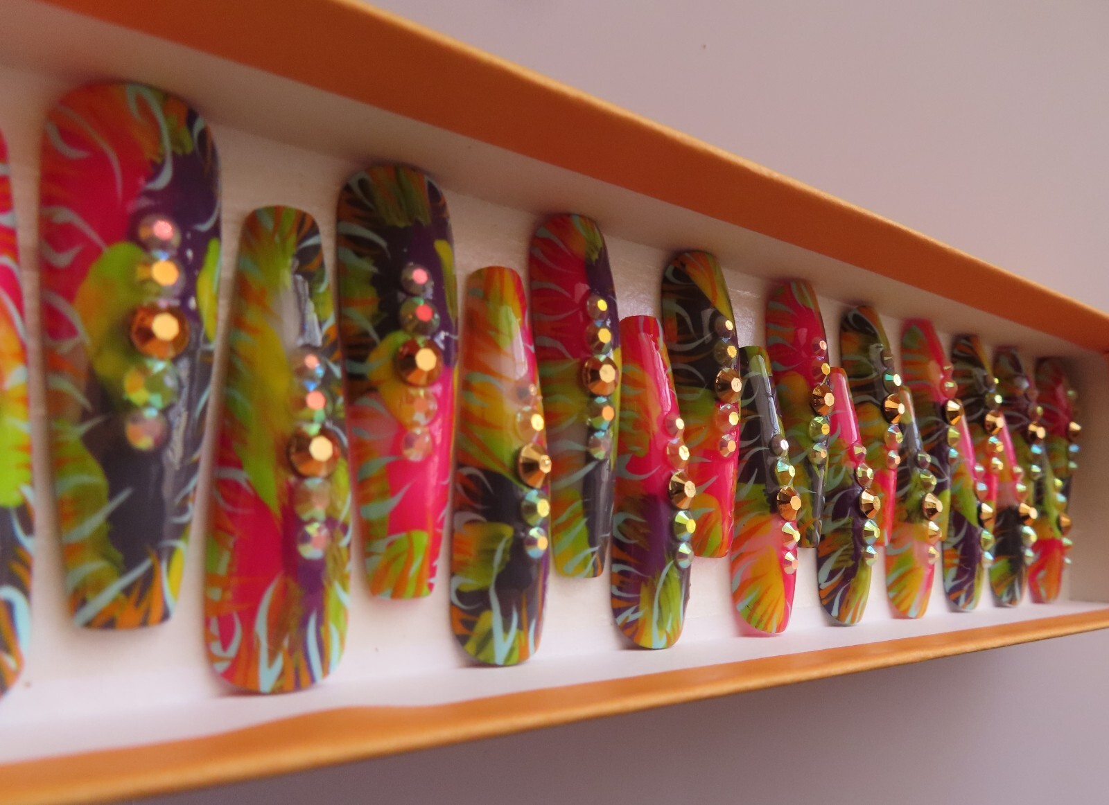 XL Pink Purple Blue Orange Yellow Rhinestone Abstract Coffin Press On Nails (20)