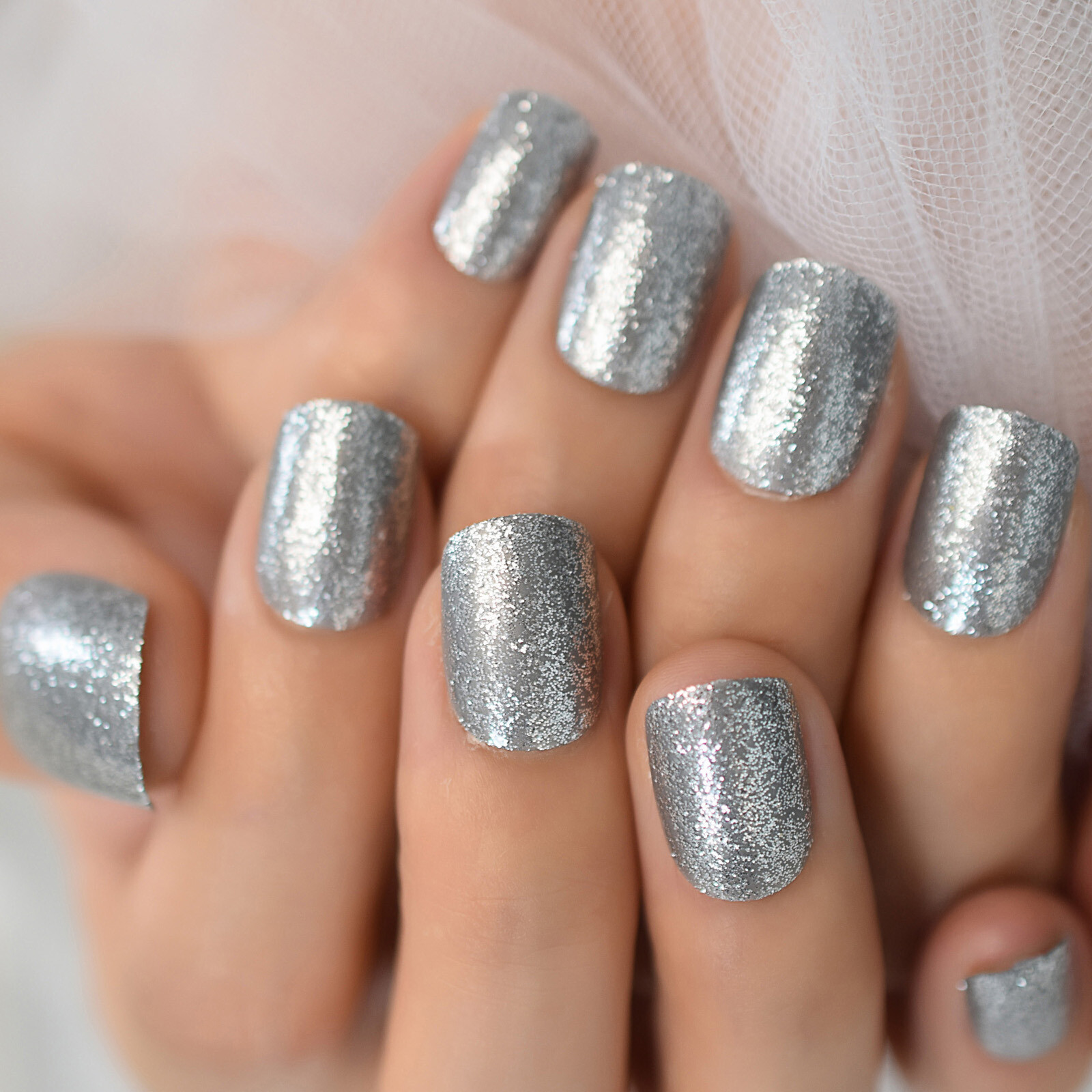 Silver Glitter Short Square Press On Nails – Glue On False Set – 24 pieces Kit