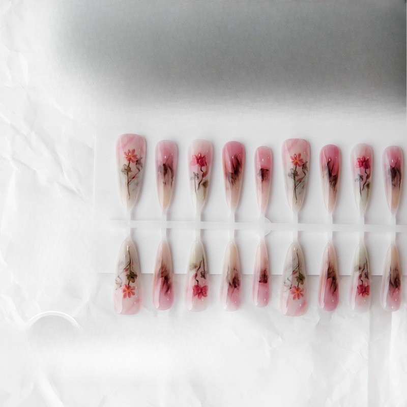 80Pcs-Ink Wash Pink Floral Coffin Press on Nails Gradient Nude Glossy Fake Tips