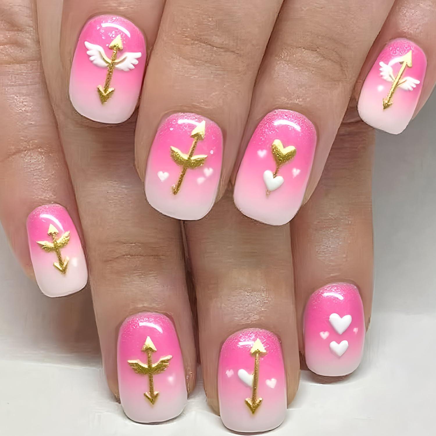 24Pcs Valentines Press on Nails Short Square Artificial Acrylic French White Tip