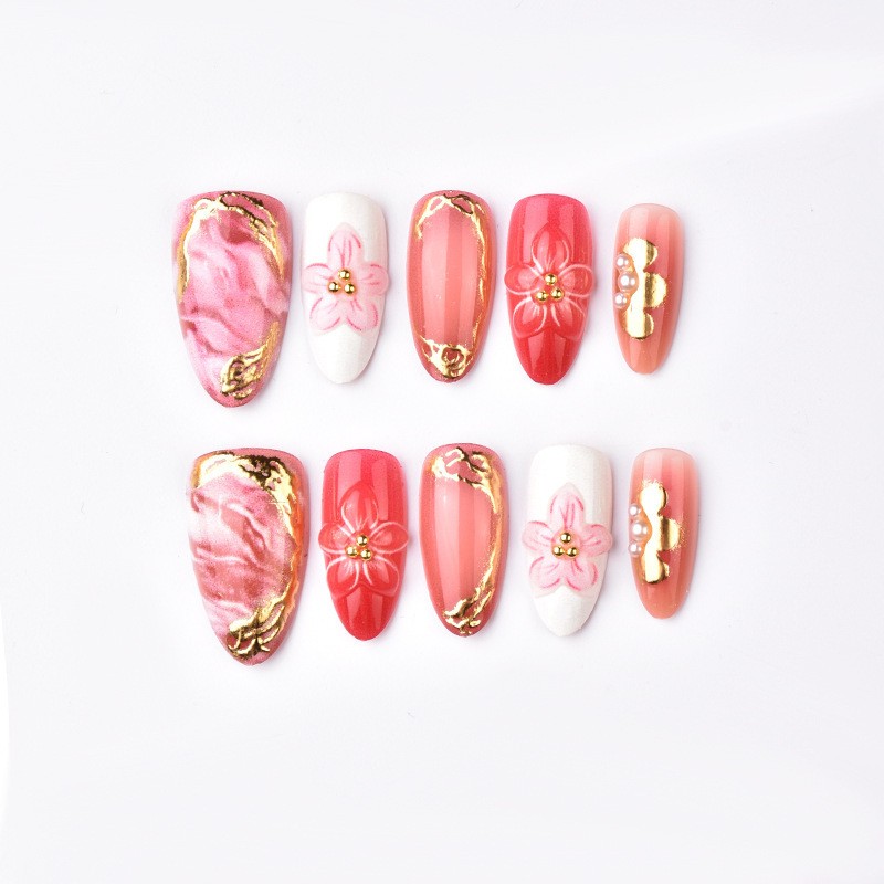 60Pcs-Pink Ombre Marble 3D Flower Almond Press on Nails Gold Edge Fake Tips