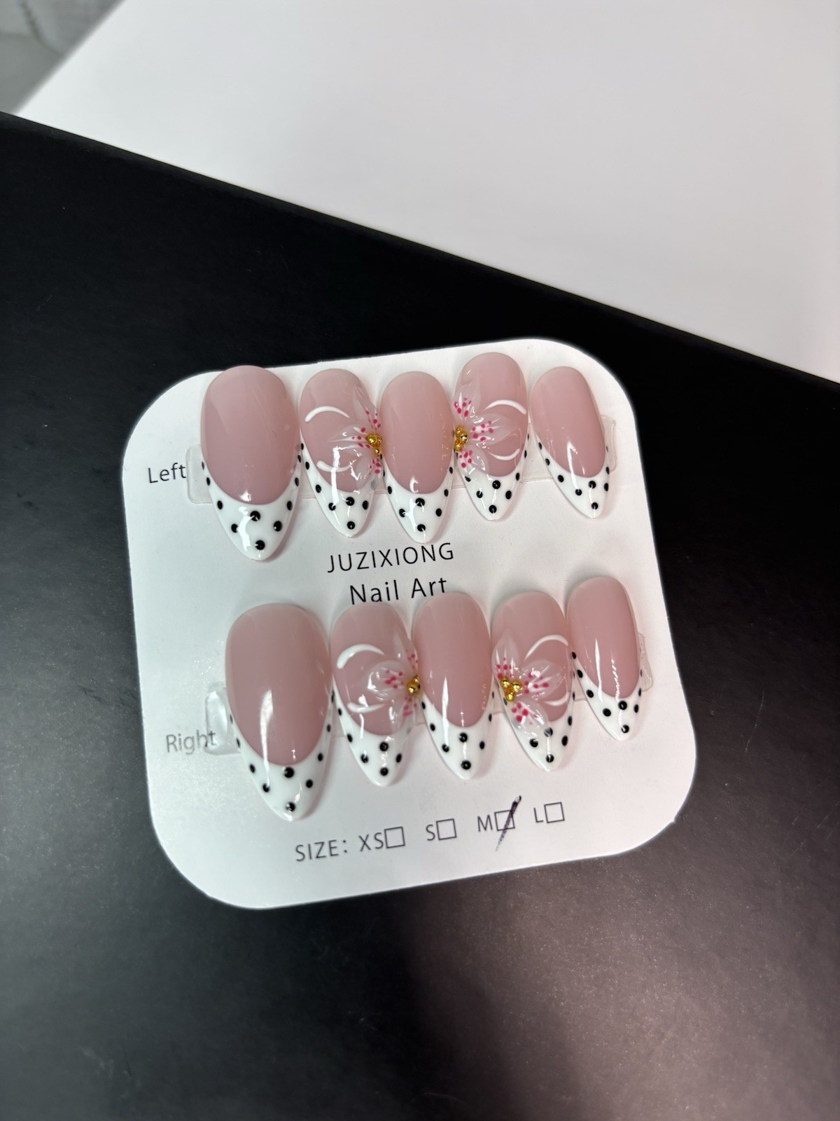 Polka Dot French Almond Press On Nails With Floral Details Size Medium New