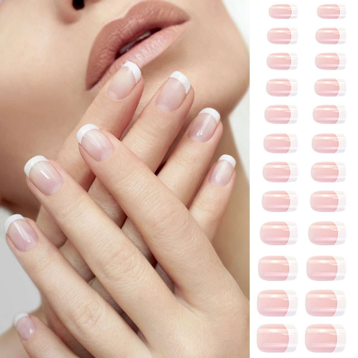 24pcs Short Square White French Style Fake Nail False Nails Press On Nails Glue