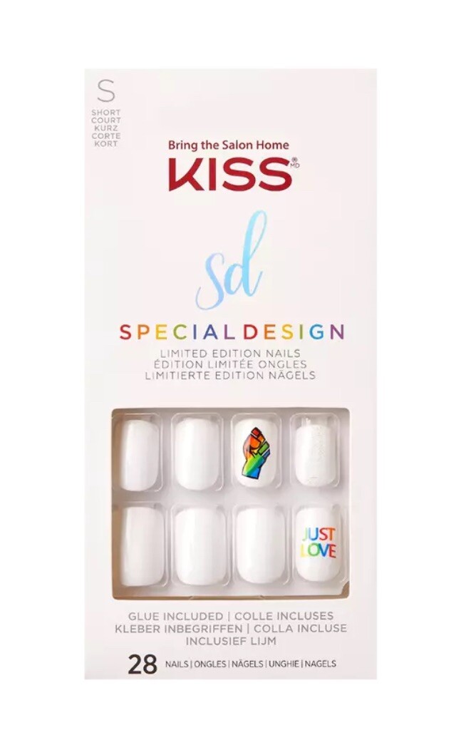 NEW KISS SHINY WHITE GLUE-ON SHORT LENGTH PRIDE NAILS JUST LOVE RAINBOW COLORS