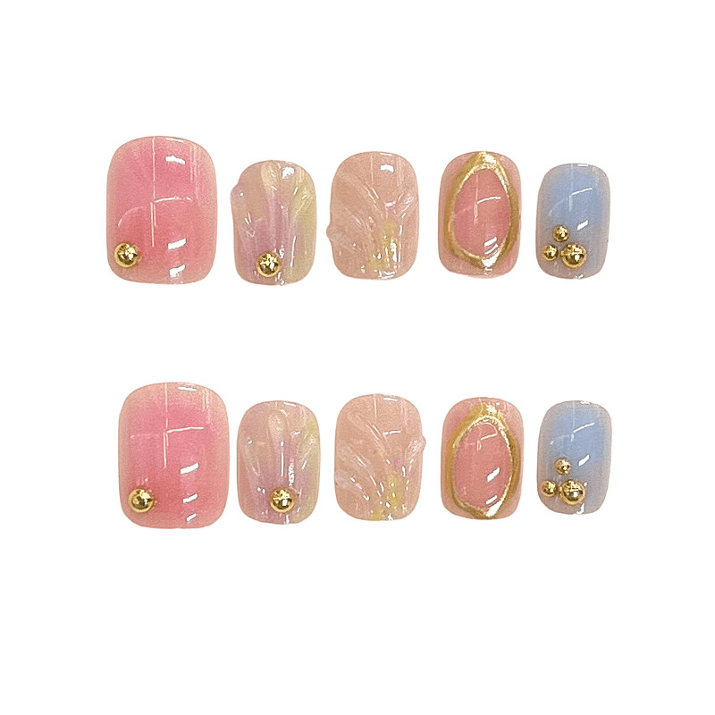 60Pcs Pink Gold Ombre Press on Nails, Short Square Glitter Accent False Nails