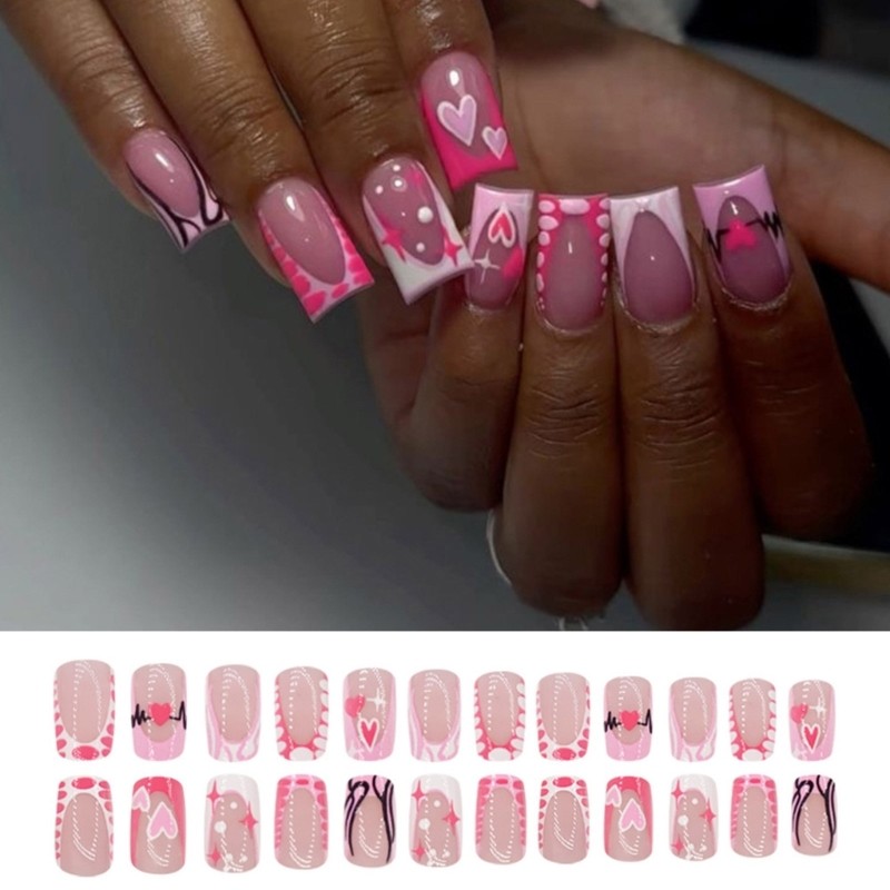 Lovely Pink Heart Designs Press on Nail Medium Square Nail for Fashion Women