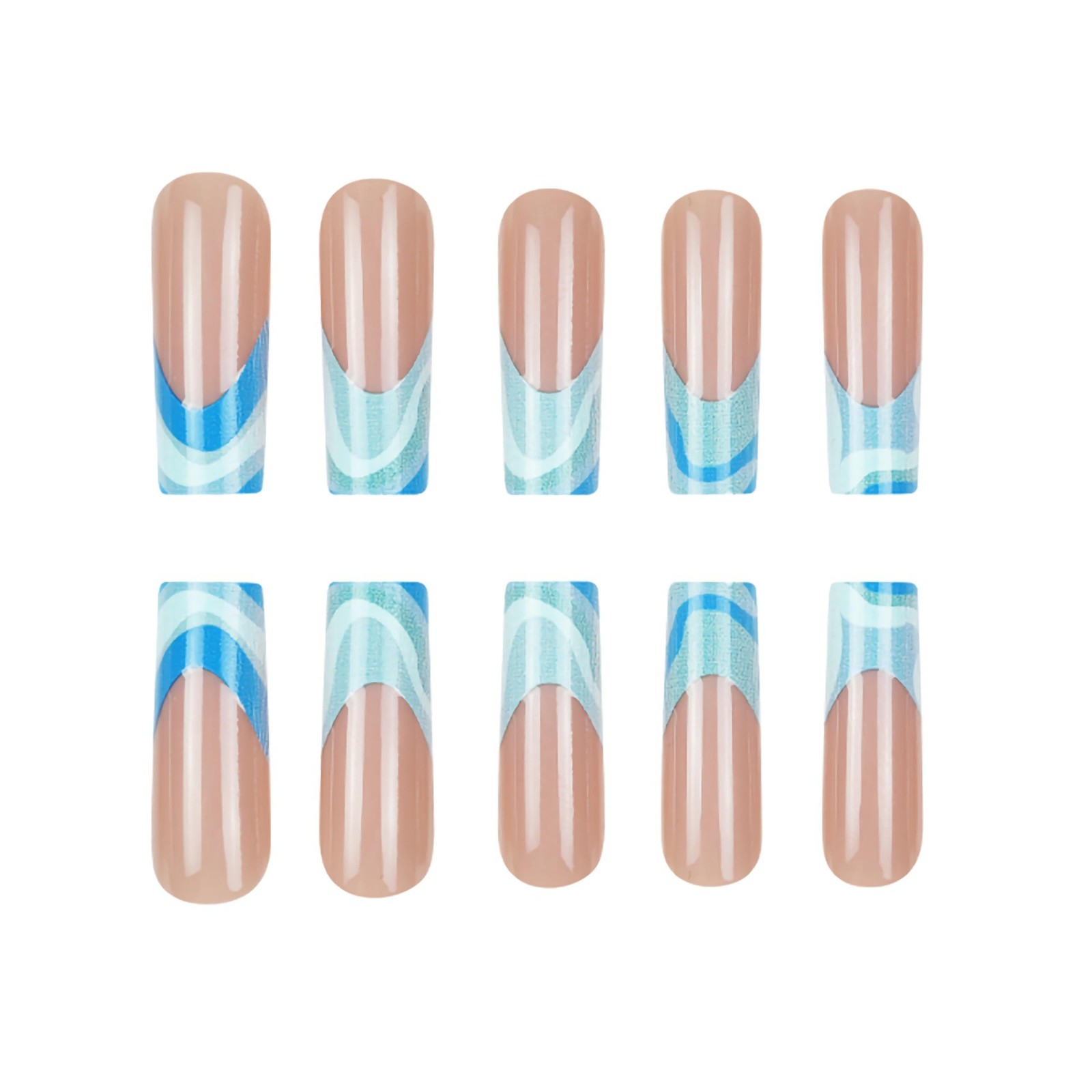 Press On Nails Long Coffin Fake Nails Nude Blue Swirl Wave French Tip Glossy …