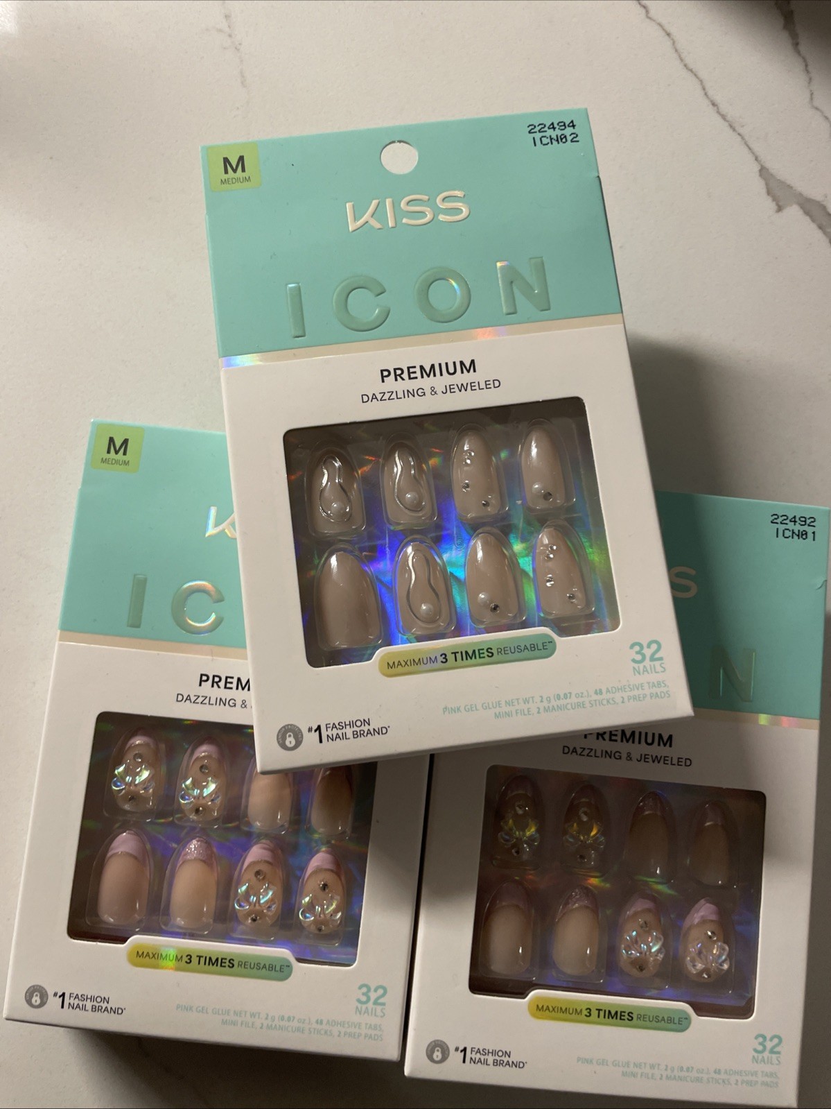 Kiss Press On Nails Theme Icon Premium Dazzling & Jeweled Set Of 3 In M NIB
