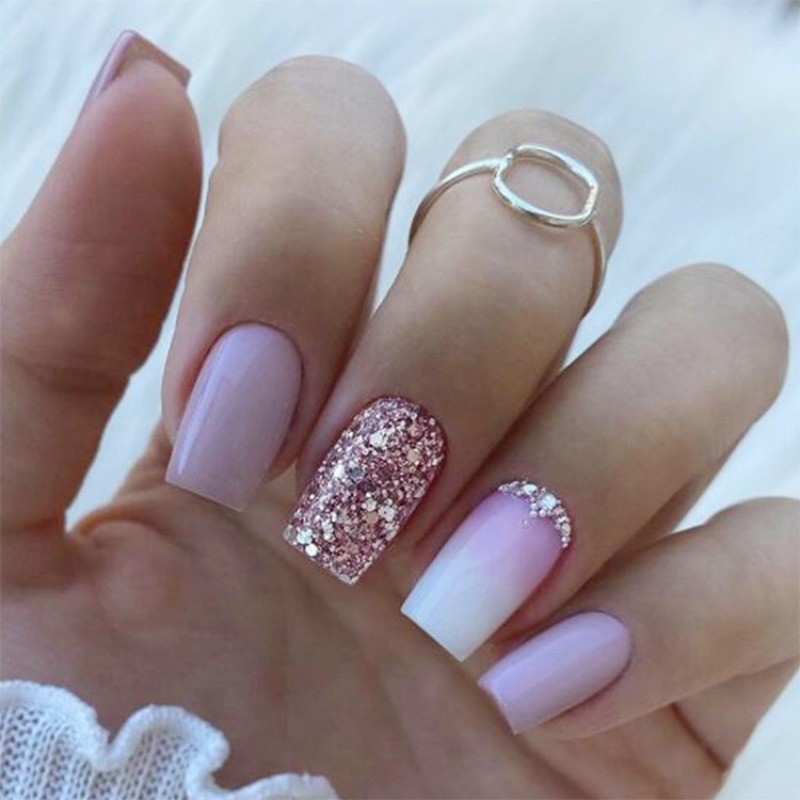 96PCS Elegant Gradient Press On Nails Rhinestone Decor Manicure for Office Daily