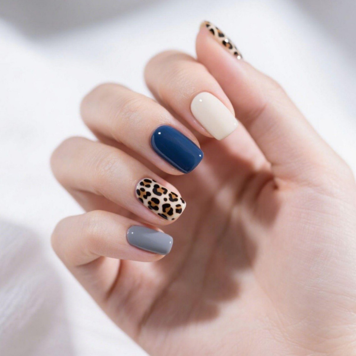 48pcs Short Almond Press on Nails, Blue Gray Cream Leopard Print Casual Nails