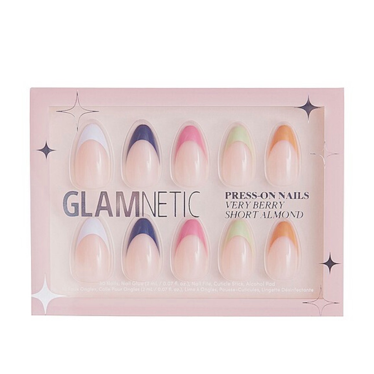 GLAMNETICS Press On Nails VERY BERRY Short Almond BRAND NEW Mullicolor FRENCH