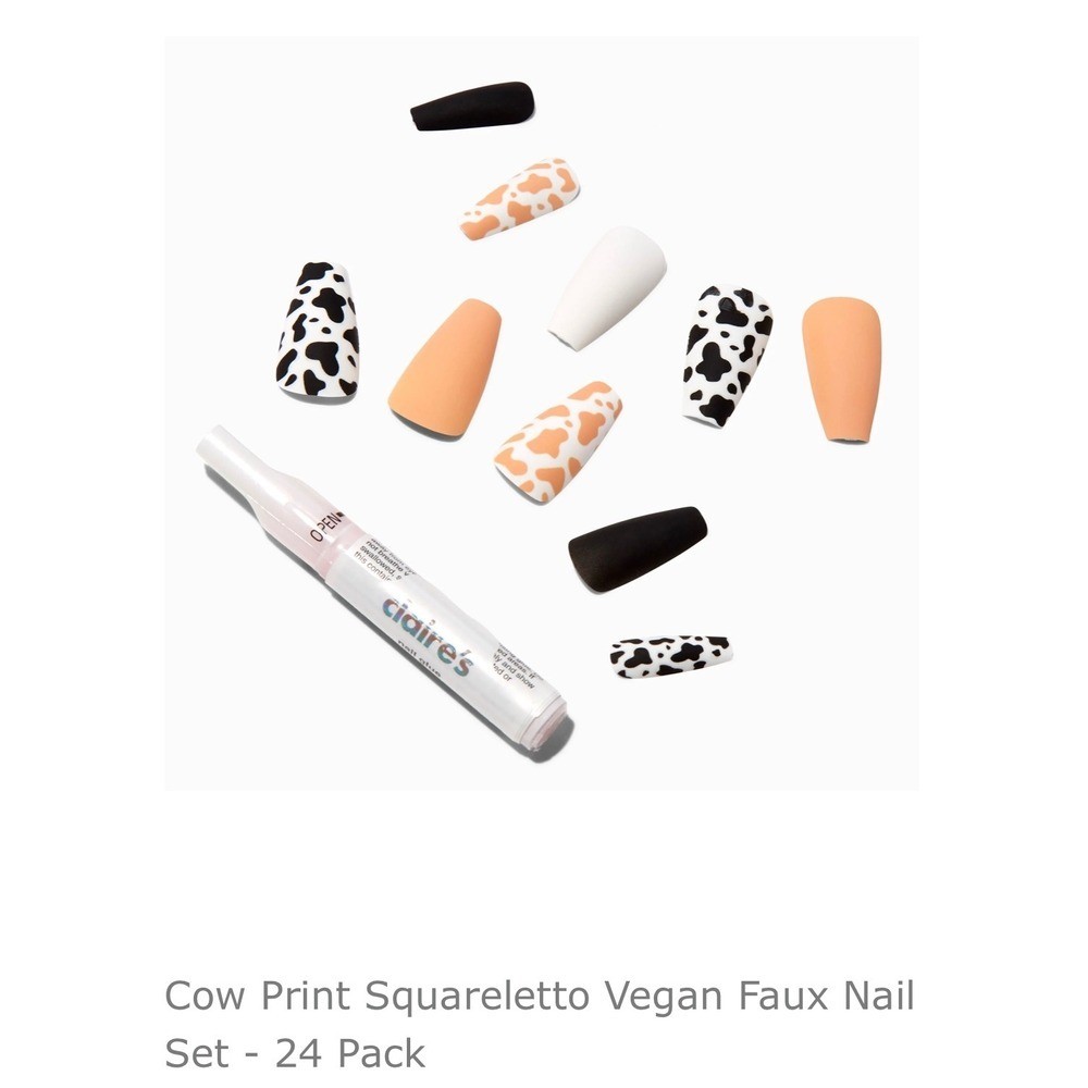 Claire’s Cow Print Squareletto Vegan Faux Nail Set – 24 Pack – Women’s