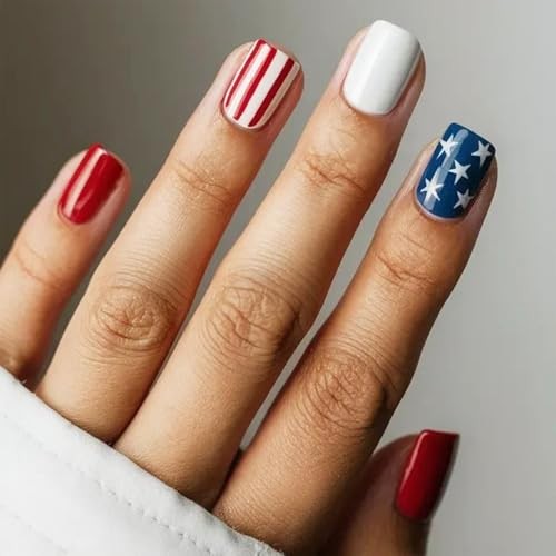 4th of July Press On Nails – Short Square Fake Nails – Patriotic Indep Nails – 7