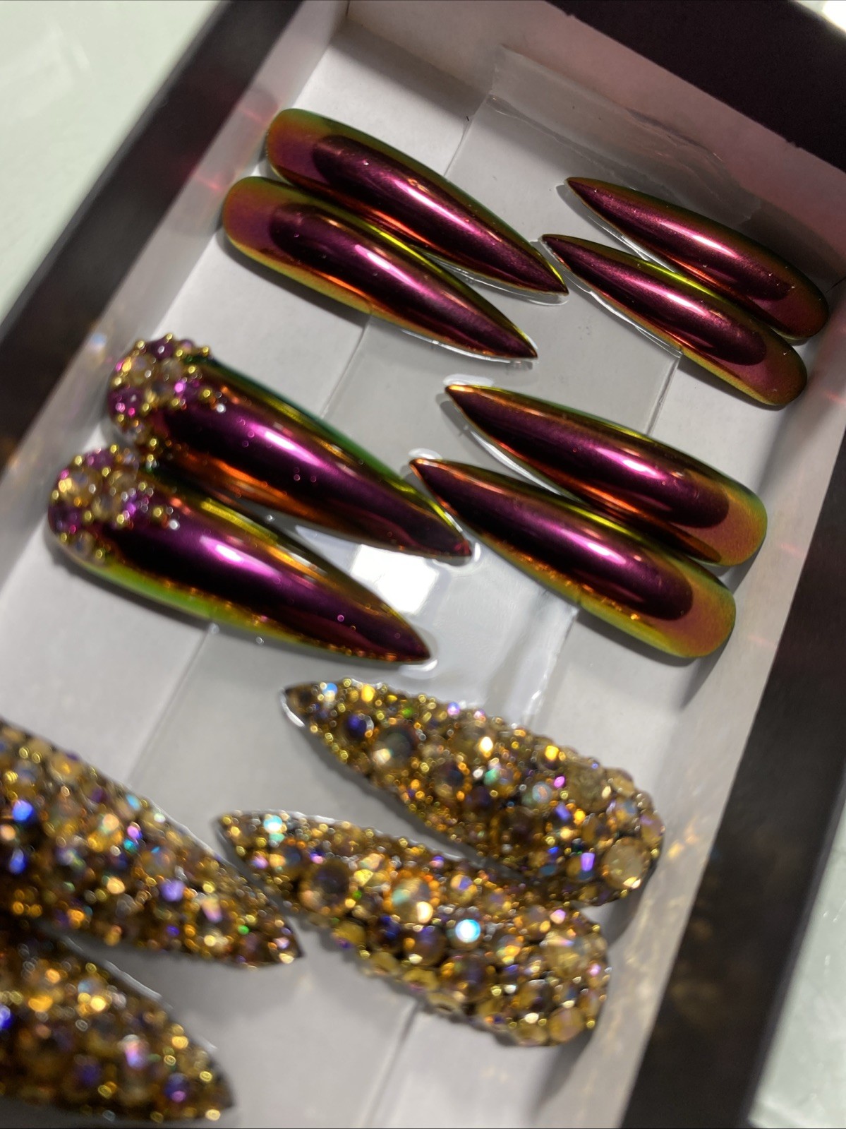 Press On Nails 26 Handmade Long Stiletto Chrome Cateye Crystal Gel / Gel Polish
