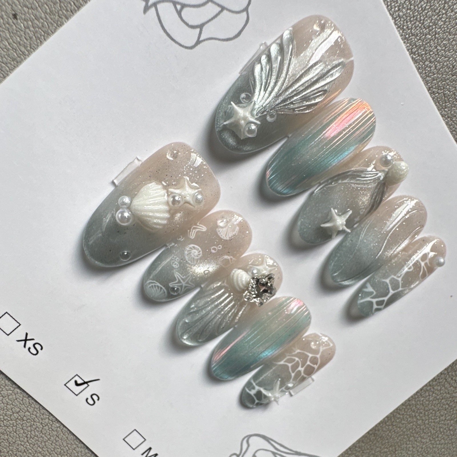 Press-On Nails Long Oval Blue/Beige Ocean Theme Laser 3D Full Cover Handmade