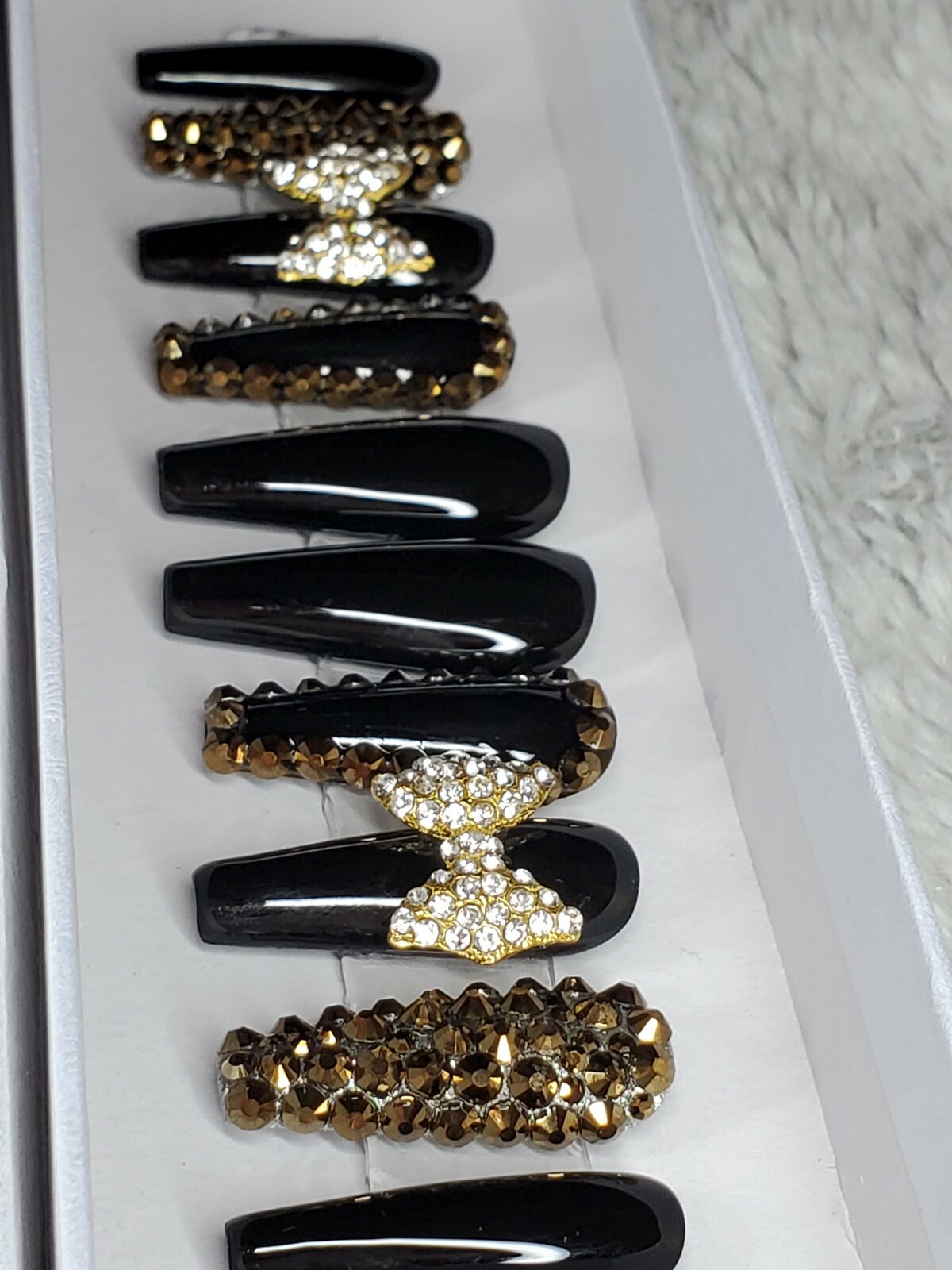 Black & gold bling long tapered ballerina press on nails diamond crystal bow
