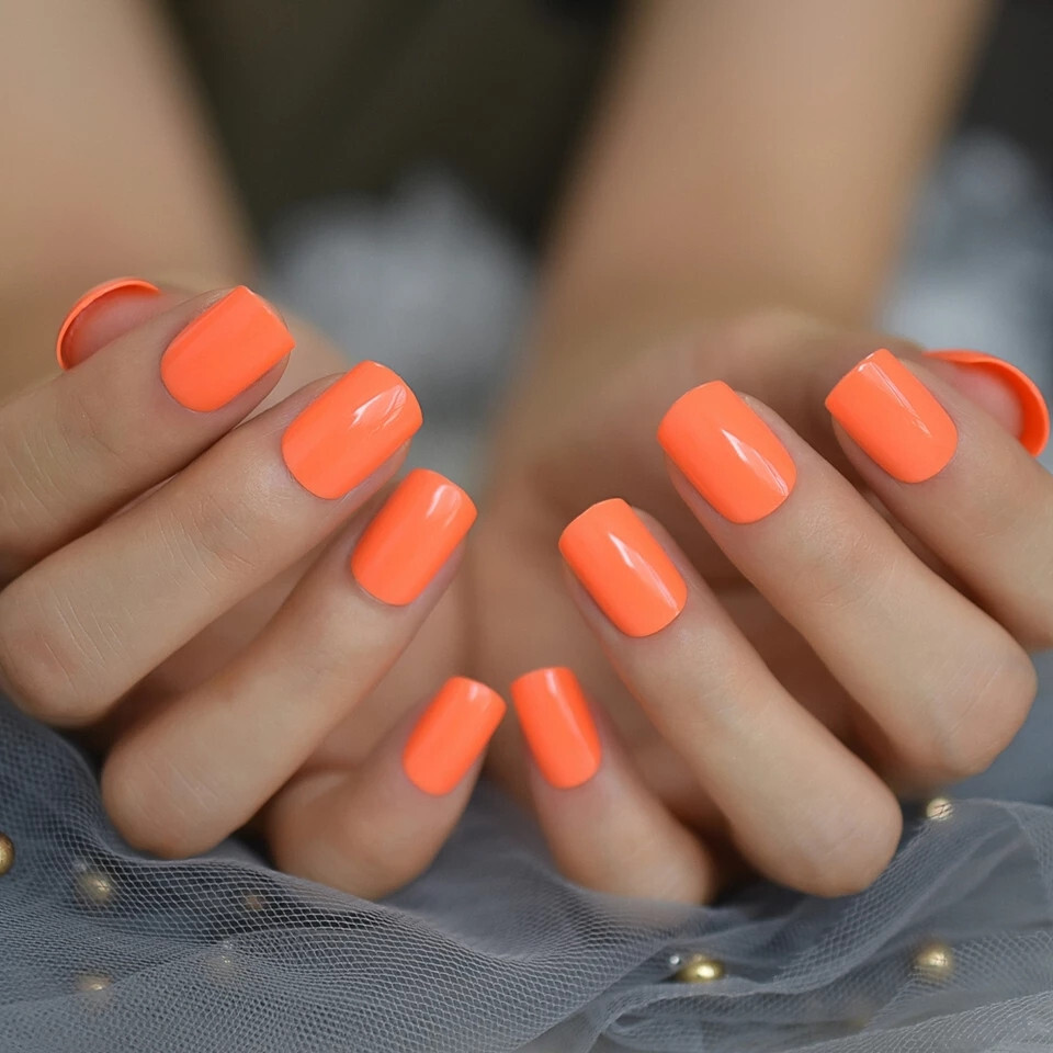 New 24 Press On Nails Kit w glue short neon orange bright