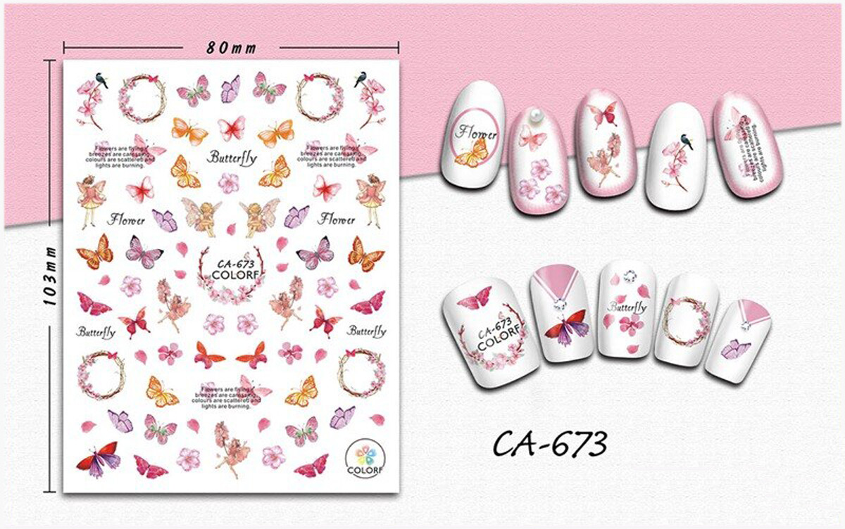 Nail art 3D stickers decal pink red purple butterfly angel fairies flower CA673