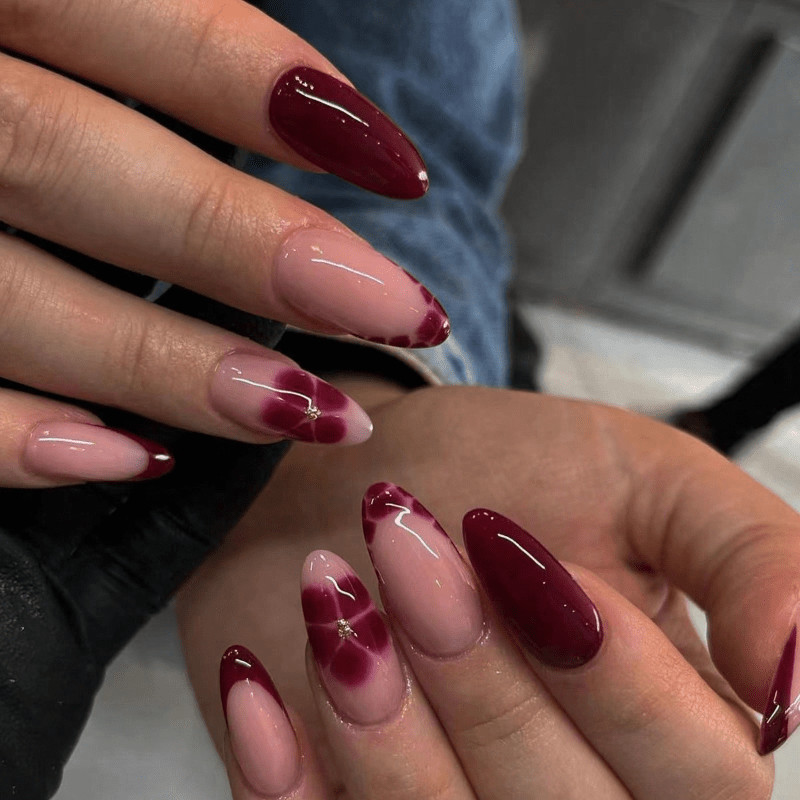 48P Short Almond Press on Nails, Wine Red Swirl French Luxury Fake Nails