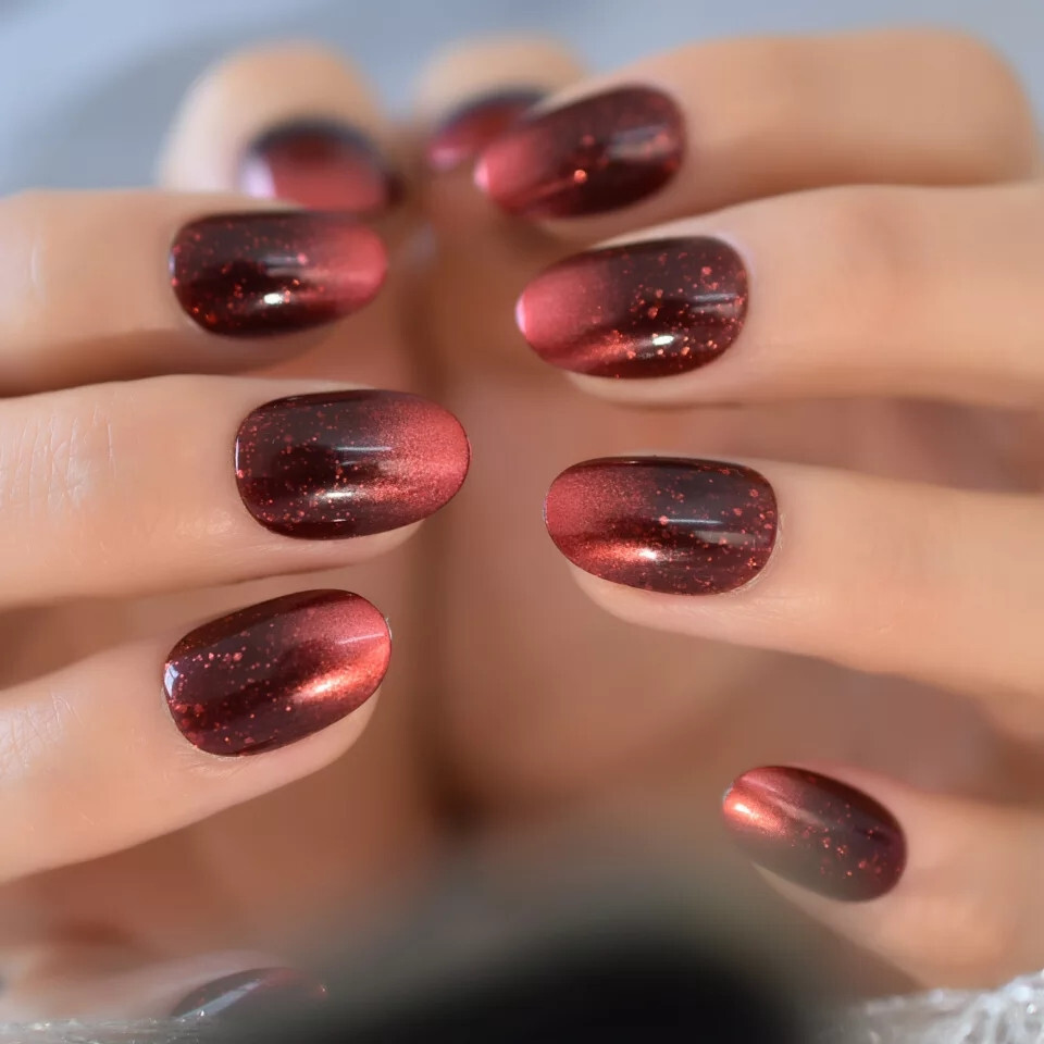 24 Medium Press on Nails kit glue on red galaxy ombre dark glitter