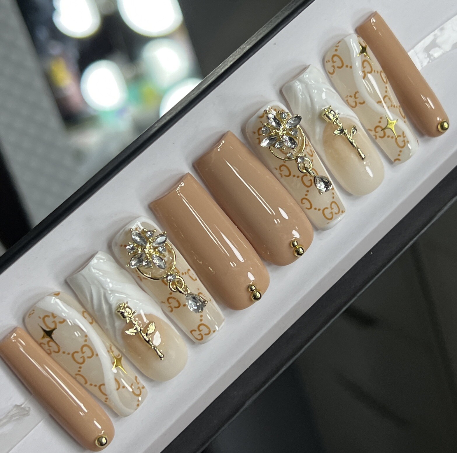 💎 CUSTOM Hard Gel Press On Nails, BLING NUDE , 10p FULL SET W Kit LONG SQUARE