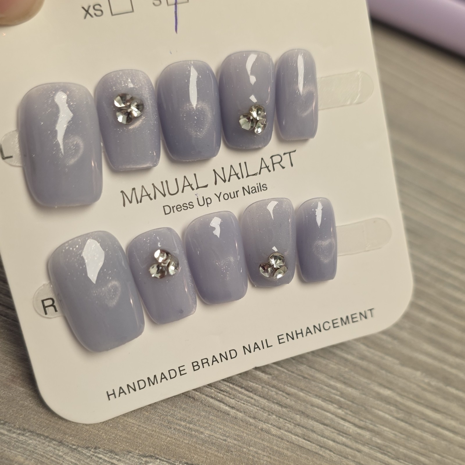 Lavender Sparkle Cateye Heart 3D Rhinestone Small Square Press-On Nails