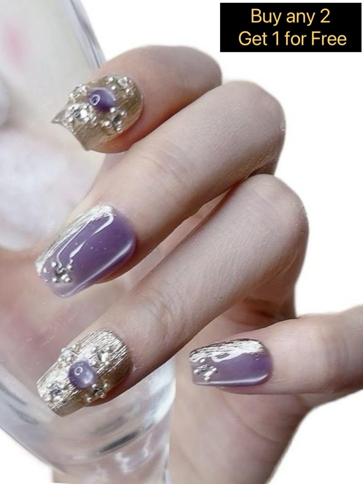 Tipora Press on Nails Square Nails Purple Color with Cat-Eye Design 109