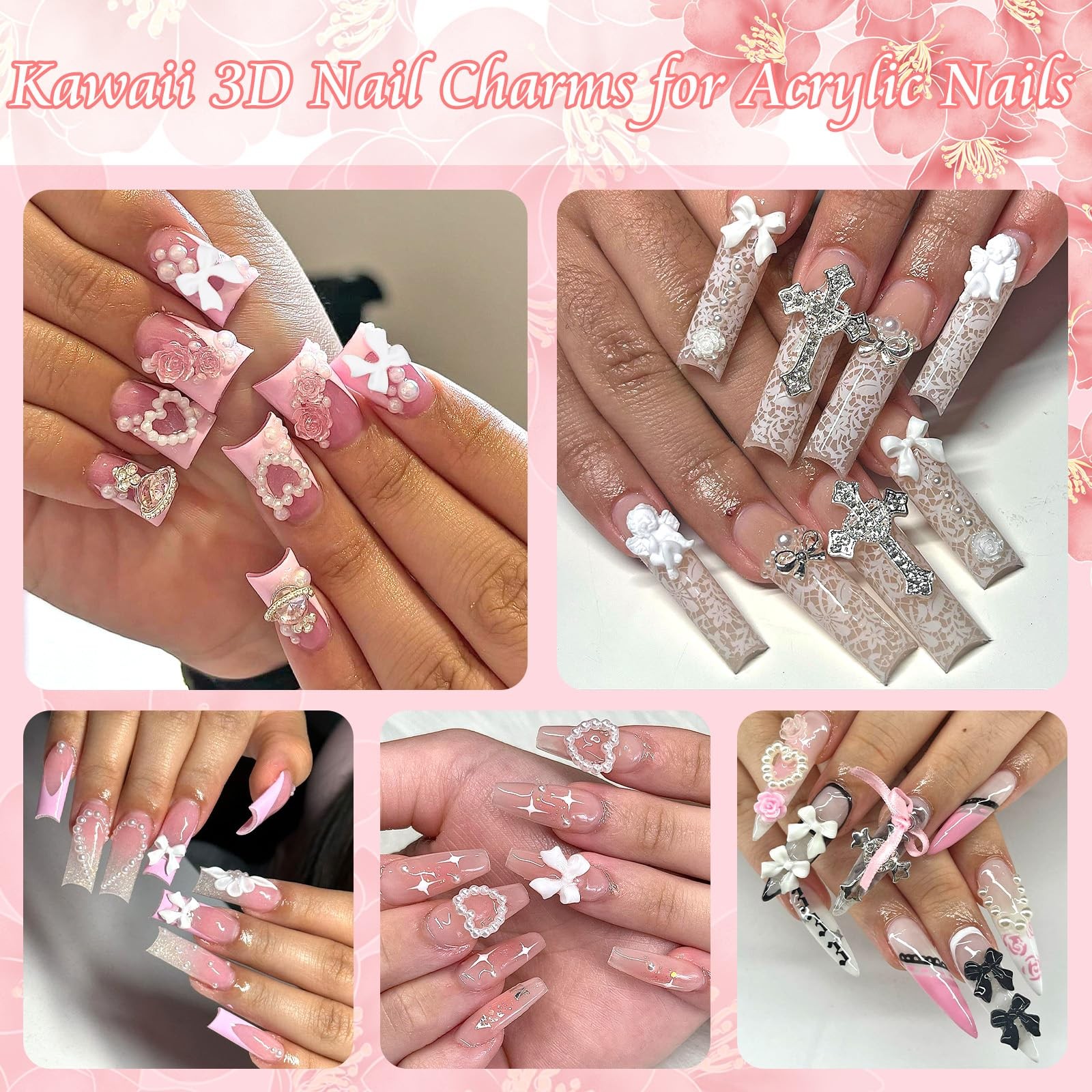 RODAKY Bow Nail Charms White Heart Charms for Nail 3D Bowknot Nail Art Stud Flat