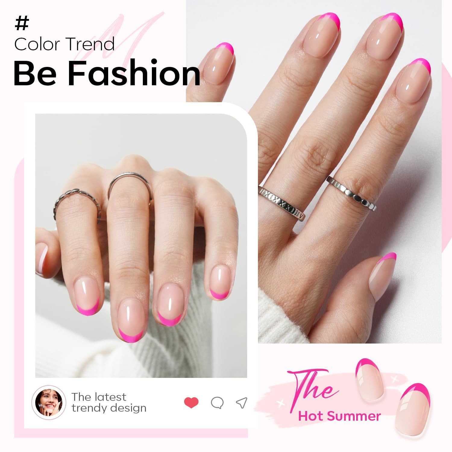 Durable Hot Pink Oval French Tip Nails – 32 Pcs Reusable Kit for Women