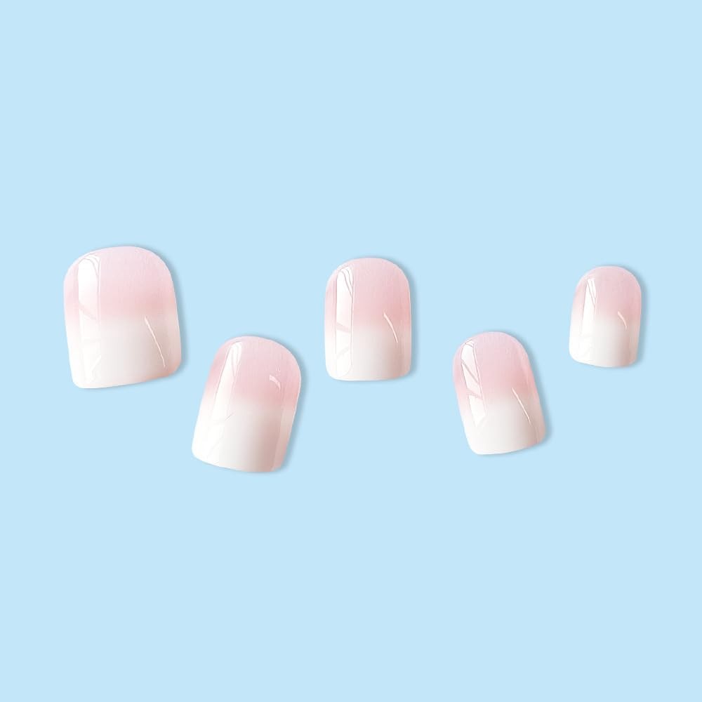 Pink Ombre Press on Nails Short Square Fake Nails with Nude White Gradient De…