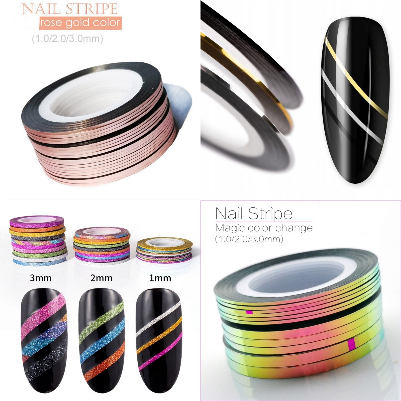 Nail Art Striping Tape Rolls Sticker Metallic Glitter Holo 1mm 2mm 3mm UK Seller