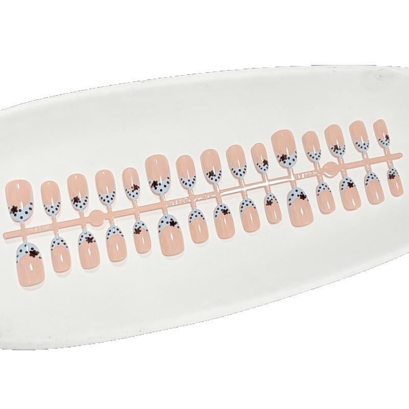 60Pcs-Short Oval Nude Light Blue Dot Flower Fake Press on Nails Set