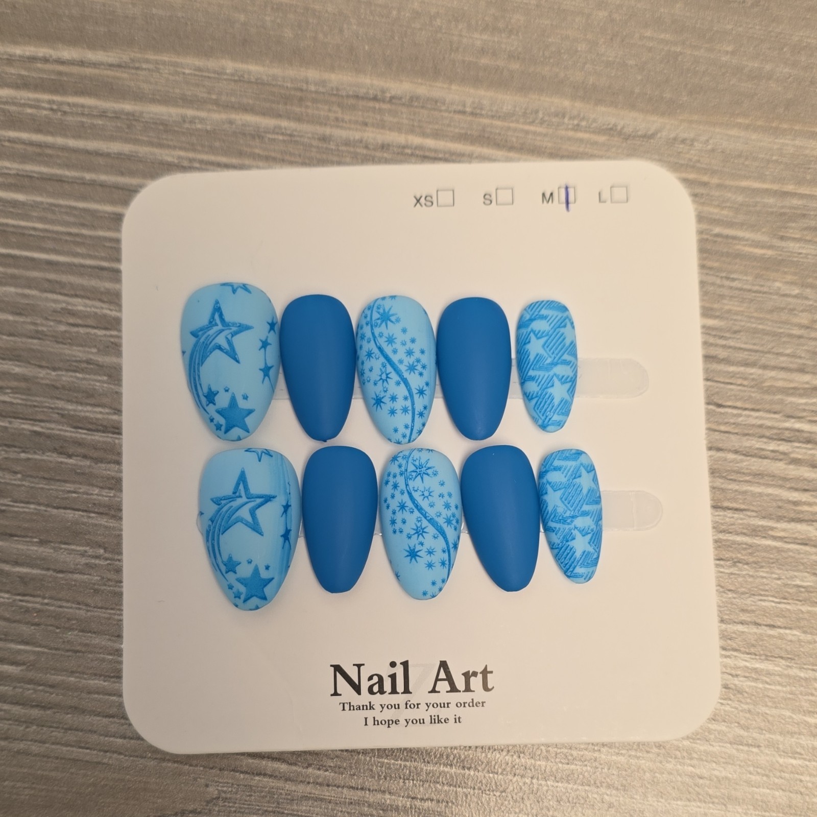 Blue Light Blue Matte Star Medium Almond Press-On Nails Set Full Cover