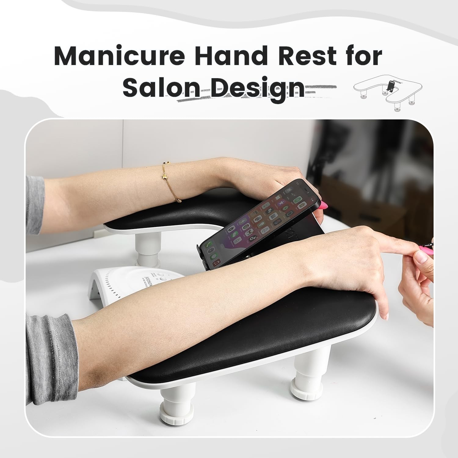 U-Shaped Black Arm Rest for Nail Techs, 360° Rotating Phone Holder, Adjustable D