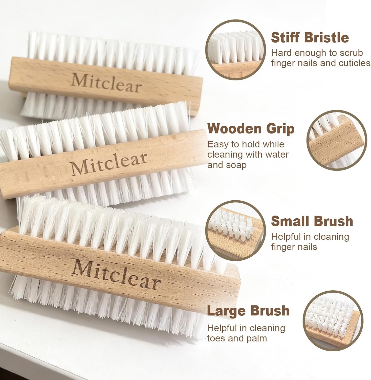 Mitclear Wooden Nail Brush, Nail Scrubbing Brushes with Hard Plastic Bristle