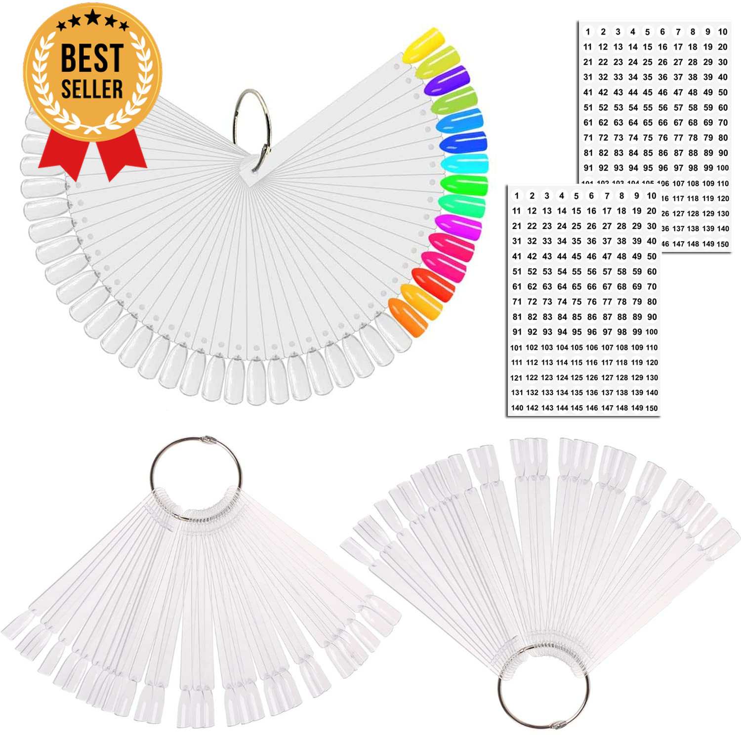 150PCS Nail Swatch Sticks with Ring Clear Fan Display Tips for Nail Polish Color