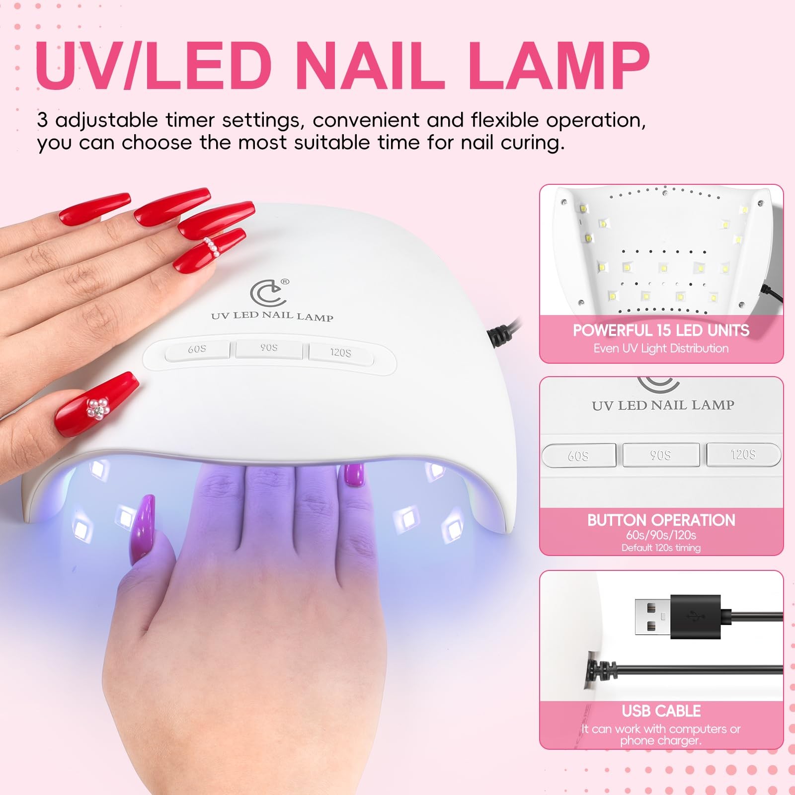 58 Piece Acrylic Nail Kit With Drill UV Light Glitter Powder Set For Home Salon