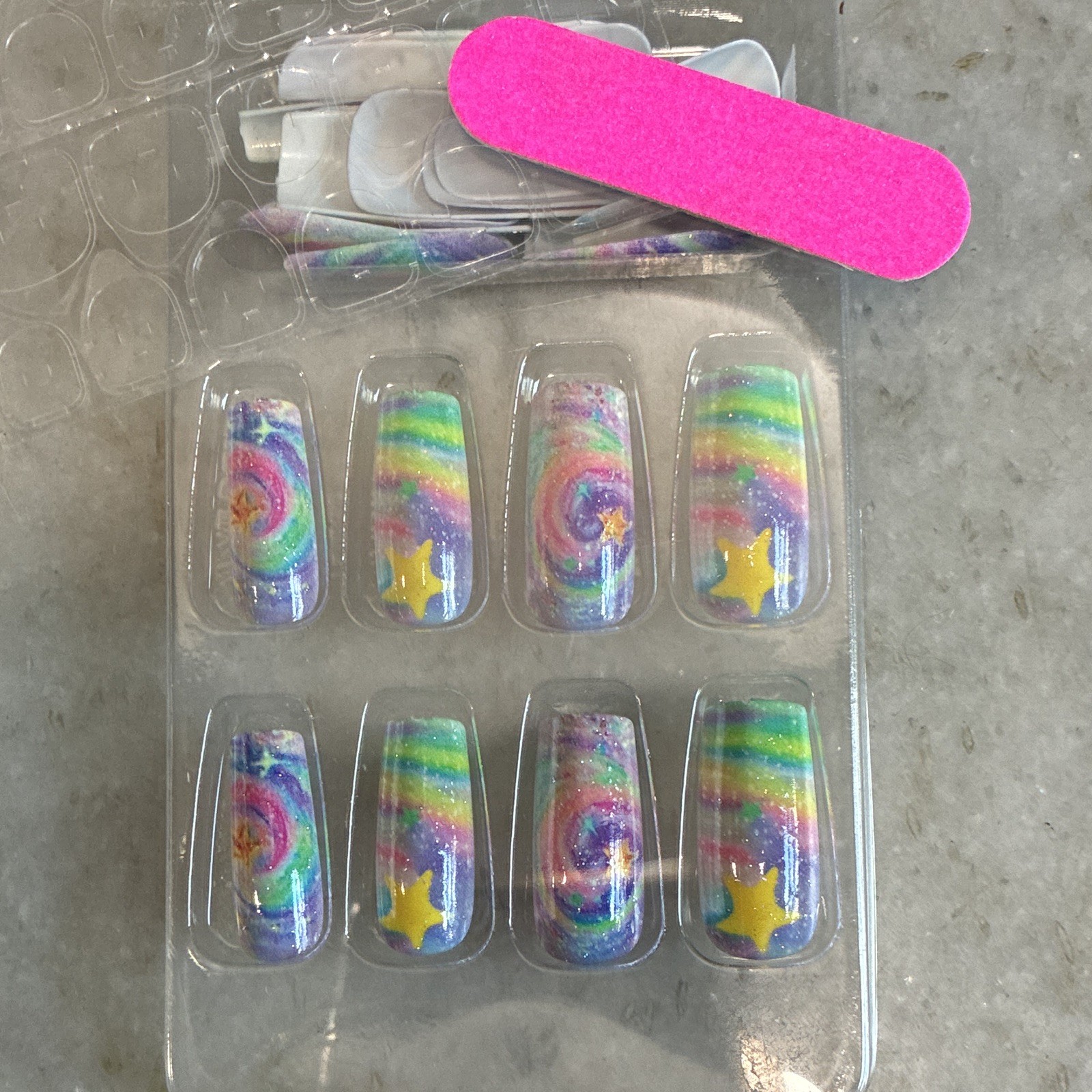 Press-On Nails Pre-Designed Medium Square Full Cover Glitter Rainbow Stars PVC
