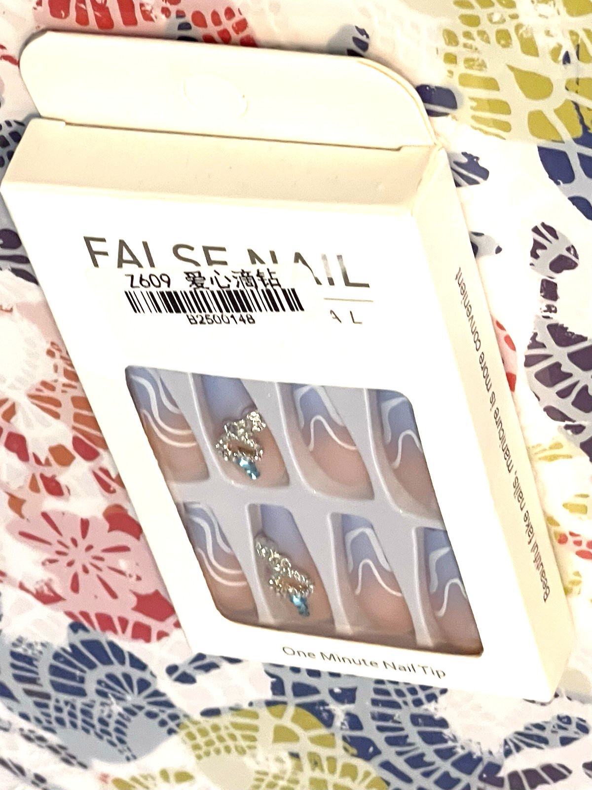 False Nail Professional NUDE LIGHT BLUE OMBRÉ with WHITE SWIRLS & HEART CHARM