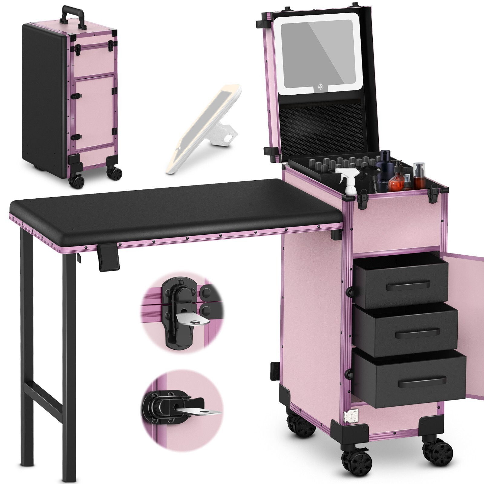 Rolling Portable Manicure Table For Nail Tech Organizer Makeup Case W/3 Drawers