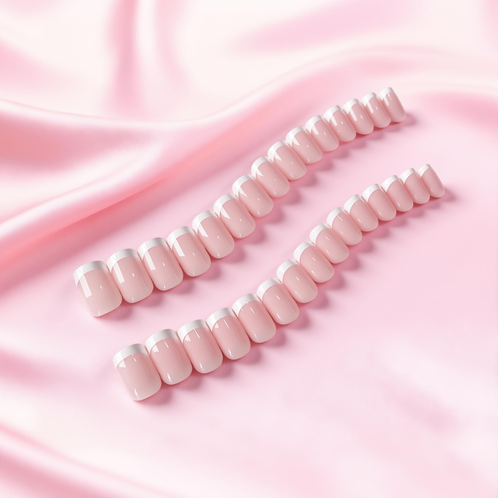 White French Tip Press On Nails Medium Square, Short Fake Nails, Glossy Coffi…