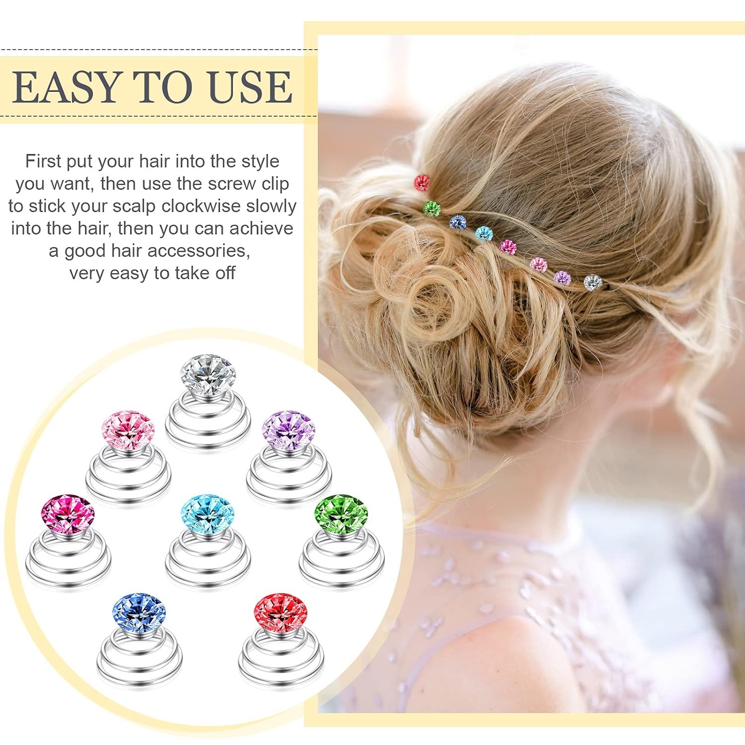 72 Pieces Rhinestone Spiral Hair Pins Blue,White,Green,Red,Silver,Pink,Purple
