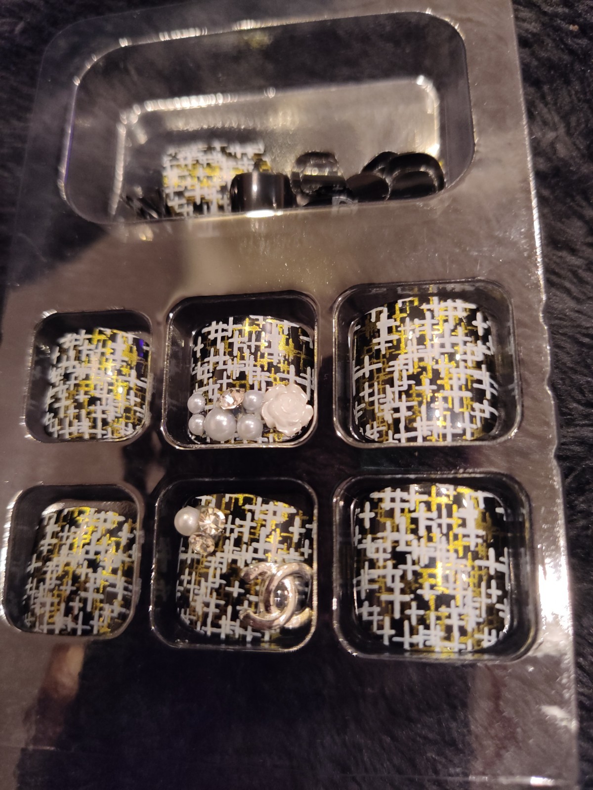 Black White Tweed Logo Print Luxury Press On Toe Nails Square Salon Quality