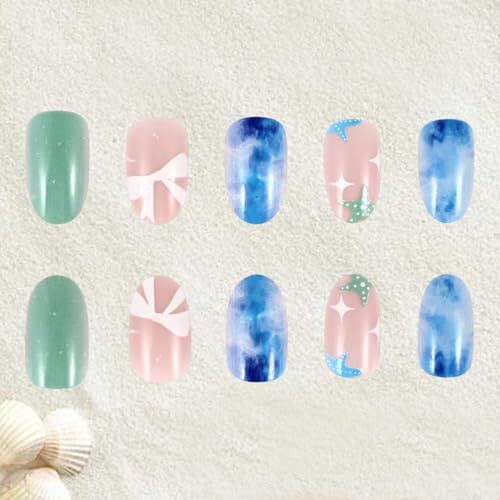 24Pcs Summer Ocean Press on Nails Almond Blue Fake Nails with Beach Waves beach